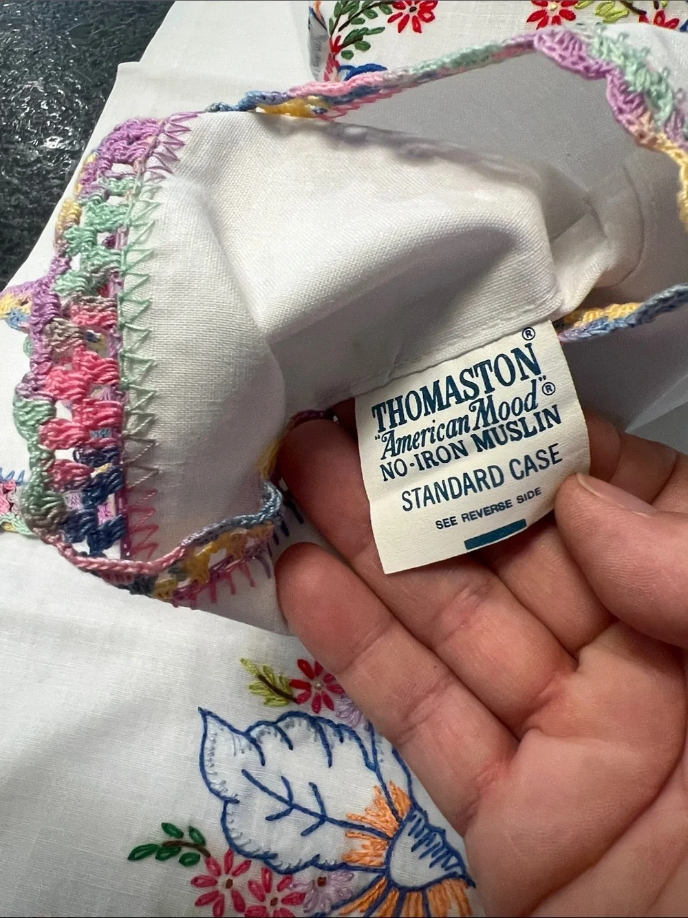 Hand-Embroidered White Pillowcases with Multicolor Floral Trim